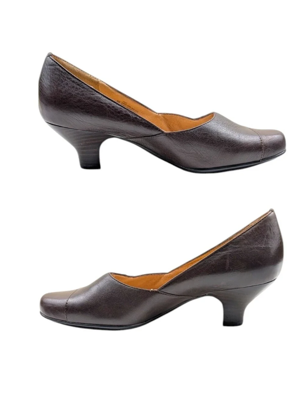 Söfft Brown Leather Kitten Heel Comfort Pumps 8W Wide Button Accent S4244